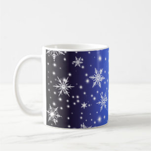 Schneeflocken und Glitzern über Navy Blue Light Kaffeetasse