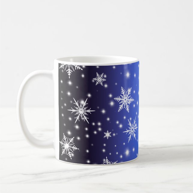 Schneeflocken und Glitzern über Navy Blue Light Kaffeetasse (Links)