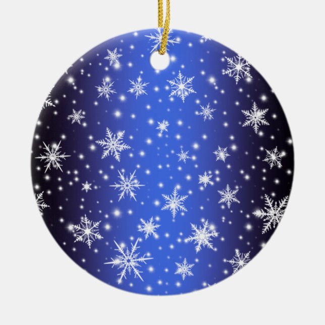 Schneeflocken und Glitzern über Navy Blue Light Keramik Ornament (Vorne)