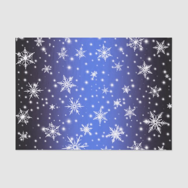 Schneeflocken und Glitzern über Navy Blue Light Seidenpapier (Vorderseite)
