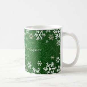 Schneeflocken und grüne Damast-Hochzeit Tasse