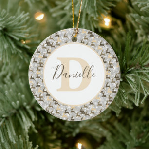 Schneeflocken und Hirsche personalisierter Keramik Ornament