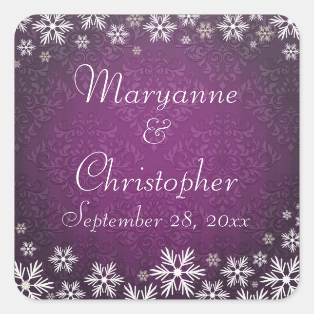 Schneeflocken und Lila Damassohle Quadratischer Aufkleber (Vorderseite)