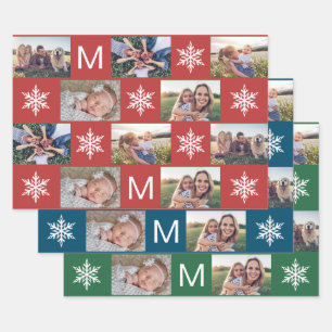 Schneeflocken und Monogramm-FotoCollage Geschenkpapier Set