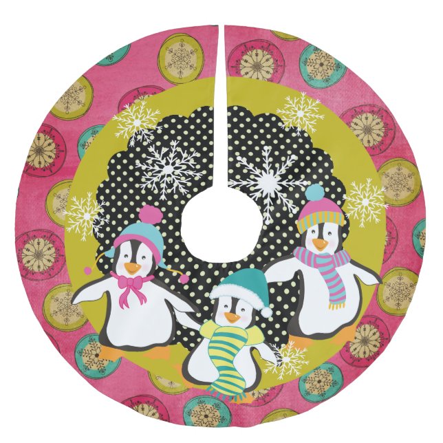 Schneeflocken und Orbs Pinguine Holiday Tree Skirt Polyester Weihnachtsbaumdecke (Vorderseite)