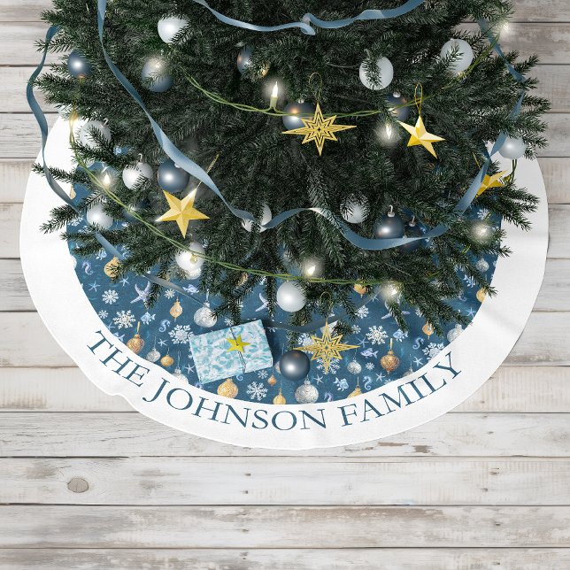 Schneeflocken und Personalisierte Wasserelemente Polyester Weihnachtsbaumdecke (Snowflakes & Nautical Elements Personalized Brushed Polyester Tree Skirt)