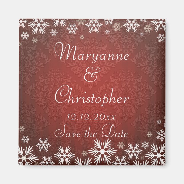 Schneeflocken und Red Damask Hochzeit Save the Dat Magnet (Vorne)