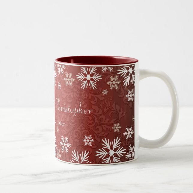 Schneeflocken und rote Damast-Hochzeit Zweifarbige Tasse (Rechts)