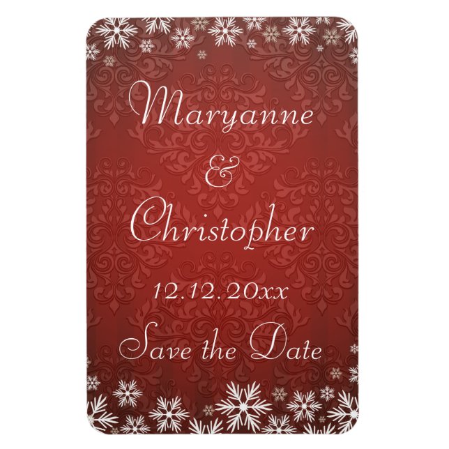 Schneeflocken und roter Damast Save the Date Magnet (Vertikal)