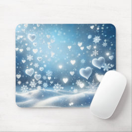Schneeflocken und Schneeherzen am Winterhimmel Mousepad