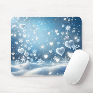 Schneeflocken und Schneeherzen am Winterhimmel Mousepad