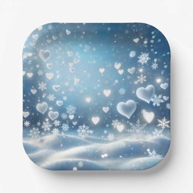 Schneeflocken und Schneeherzen im Winterhimmel Pappteller (Vorderseite)