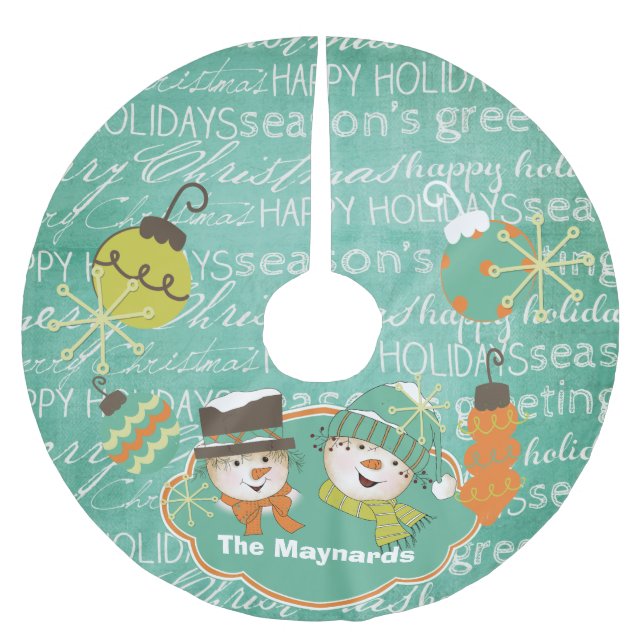 Schneeflocken und Snowmen Typografie Baumrock Polyester Weihnachtsbaumdecke (Vorderseite)