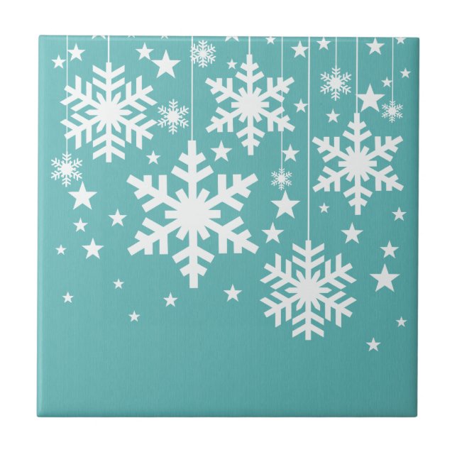 Schneeflocken und Sternenteile, Aqua Fliese (Vorderseite)