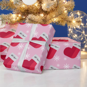 Schneeflocken und Weihnachts-Strumpf Name Rosa Geschenkpapier