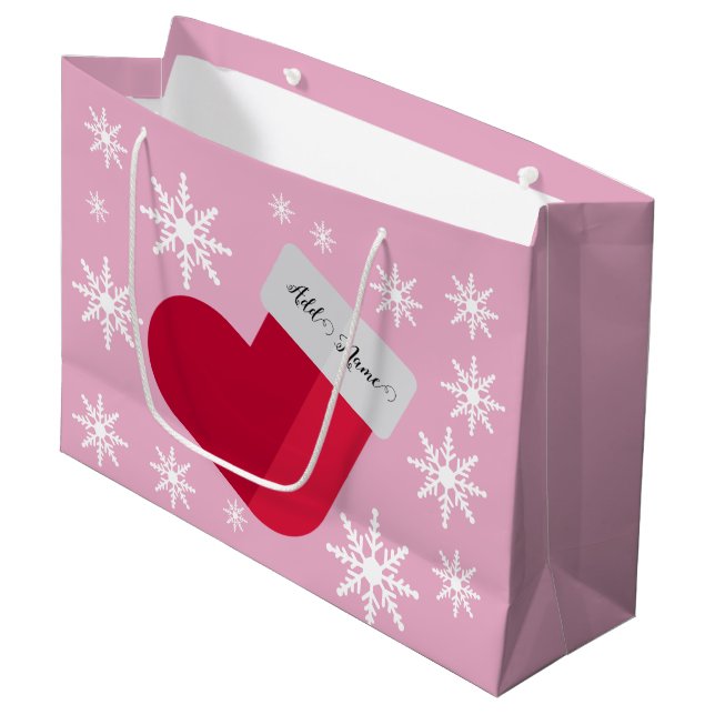 Schneeflocken und Weihnachts-Strumpf Name Rosa Große Geschenktüte (Vorderseite Schrägansicht)
