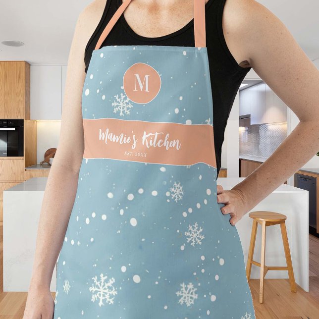 Schneeflocken Vintages blaupfirsichrosa Monogramm- Schürze (retro vintage personalized mom hostess apron snowflakes blue pink monogram christmas gift pretty )