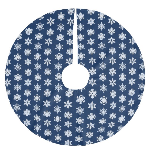 Schneeflocken von Ikat - Weiß und Dunkelblau Polyester Weihnachtsbaumdecke (Vorderseite)