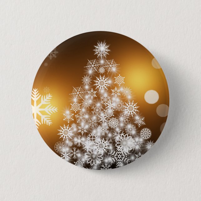 Schneeflocken Weihnachtsbaum mit goldenem Hintergr Button (Vorderseite)