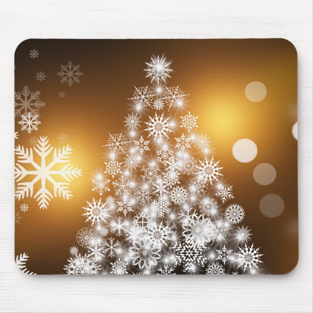 Schneeflocken Weihnachtsbaum mit goldenem Hintergr Mousepad (Vorne)