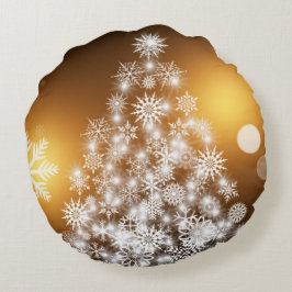 Schneeflocken Weihnachtsbaum mit goldenem Hintergr Rundes Kissen