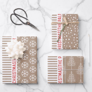 Schneeflocken, Weihnachtsbäume, braune Kraftstreif Geschenkpapier Set