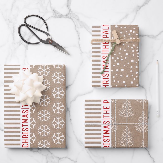 Schneeflocken, Weihnachtsbäume, braune Kraftstreif Geschenkpapier Set (Vorderseite)