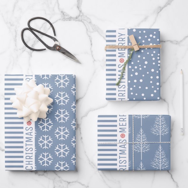 Schneeflocken, Weihnachtsbäume, staubige blaue Str Geschenkpapier Set (Vorderseite)