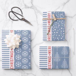Schneeflocken, Weihnachtsbäume staubige blaue Stre Geschenkpapier Set