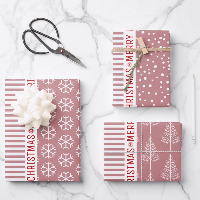 Schneeflocken, Weihnachtsbäume staubige Rose Strei Geschenkpapier Set (Vorderseite)
