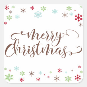 Schneeflocken, Weiße Weihnachten, braune Typografi Quadratischer Aufkleber