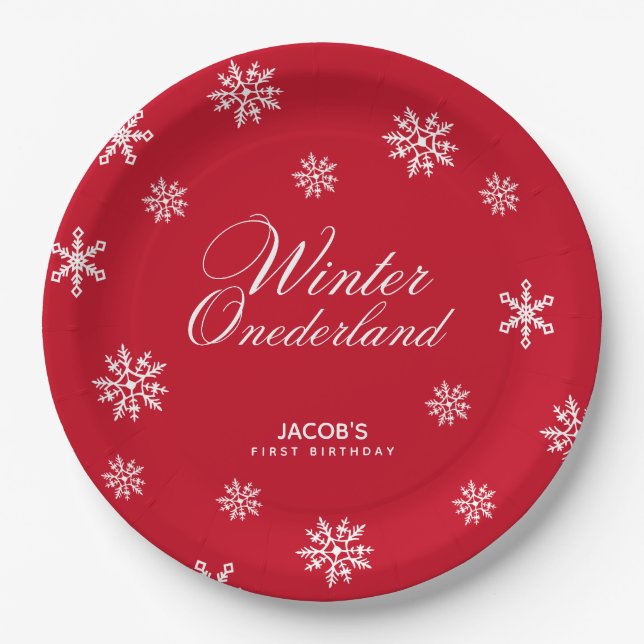 Schneeflocken Winter onederland Boy First Birthday Pappteller (Vorderseite)