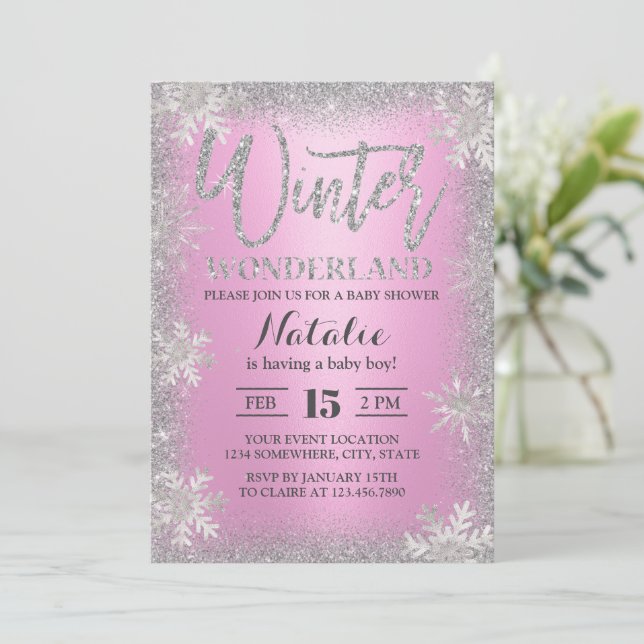 Schneeflocken Winter Wonderland Pink Baby Dusche Einladung (Stehend Vorderseite)