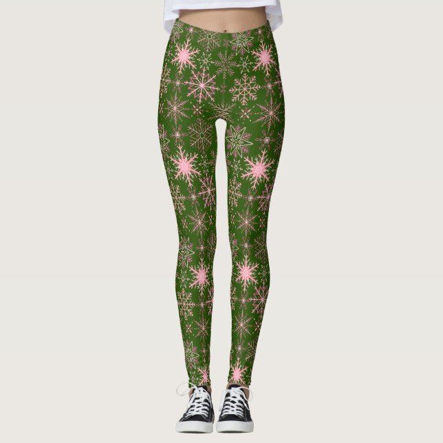 Schneeflockenmuster Rosa D Grüne BG Leggings (Vorderseite)