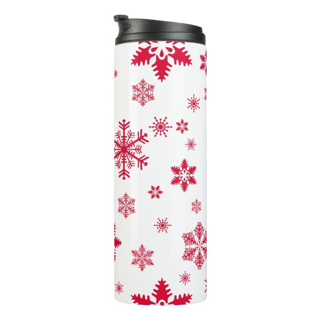 Schneeflockenmuster, Rote Schneeflocken, Schnee, W Thermosbecher (Nach rechts gedreht)