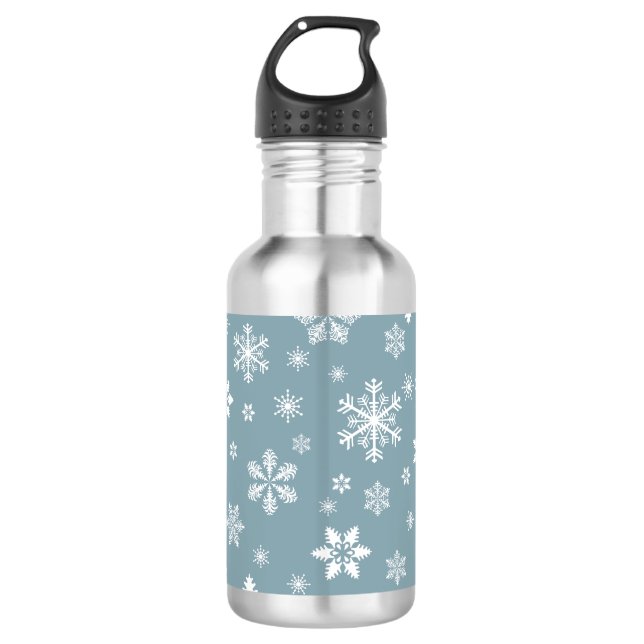 Schneeflockenmuster, weiße Schneeflocken, Schnee,  Edelstahlflasche (Vorderseite)