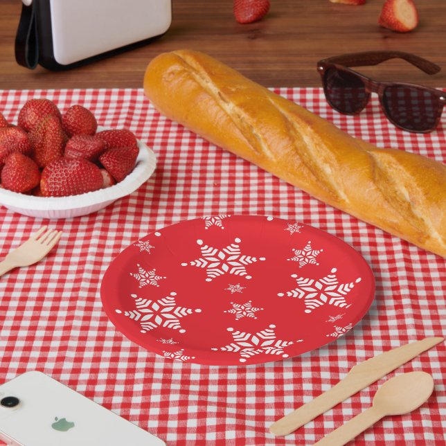 Schneeflockenmuster, weiße Schneeflocken, Schnee,  Pappteller (Picknick)