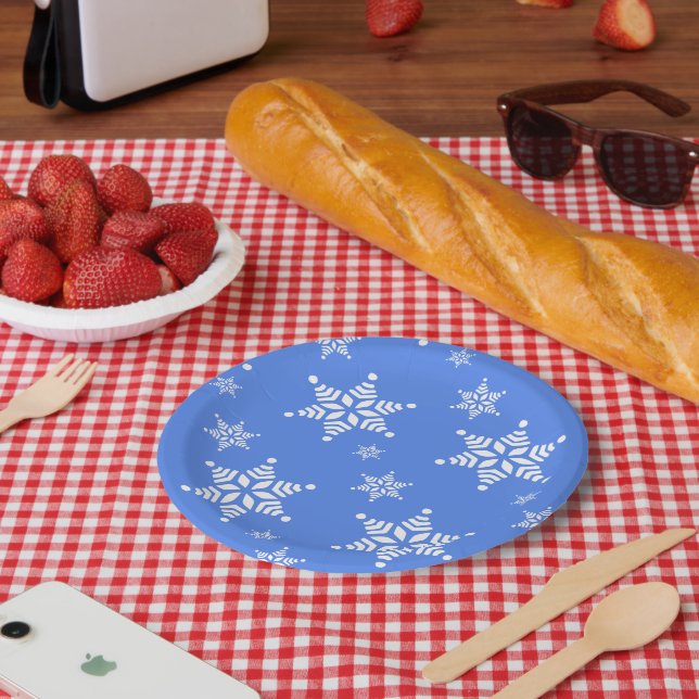 Schneeflockenmuster, weiße Schneeflocken, Schnee,  Pappteller (Picknick)