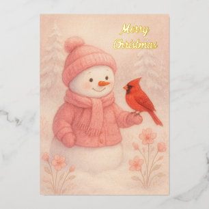 Schneefrau mit rotem Vogel Weihnachten Folien Feiertagskarte