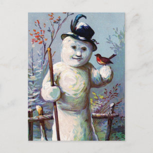 Schneefrau und Vogel im Wintergarten Postkarte