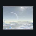 Schneegebiet Postkarte<br><div class="desc">Illustration eines Eismonds der Alien mit einem Ringplaneten, der am Himmel sichtbar ist.</div>