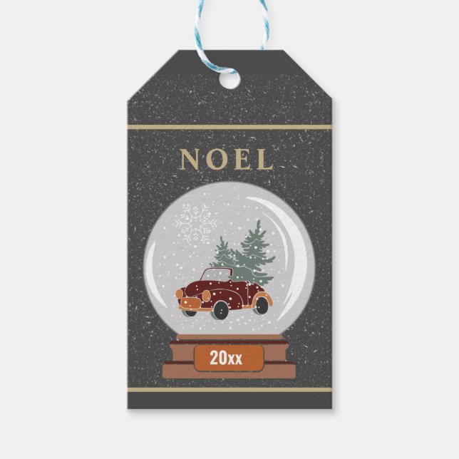 Schneeglobe mit Auto und Weihnachtsbaum Geschenkanhänger (Vorderseite)