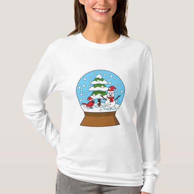 Schneeglobe mit Kardinal Snowman und Pine Tree T-Shirt (Vorderseite)