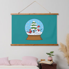 Schneeglobe mit Kardinal Snowman und Pine Tree Wandteppich Mit Holzrahmen