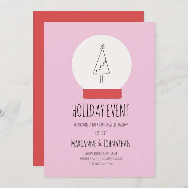 Schneeglobe Weihnachtsbaum Party Handgezeichneter  Einladung (Vorne/Hinten)
