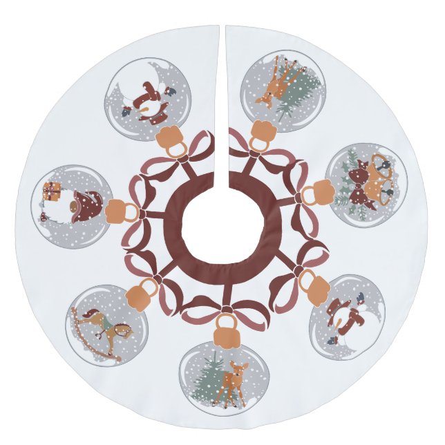 Schneegloben mit Schneemann, Elf, Glocken, Hirsch Polyester Weihnachtsbaumdecke (Vorderseite)