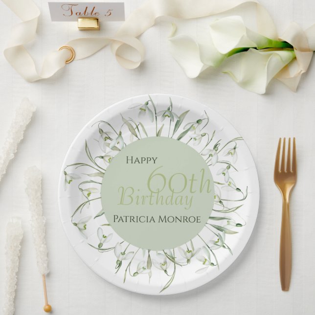 Schneeglöckchen 60. Geburtstag Aquarell Botanische Pappteller (Hochzeit)