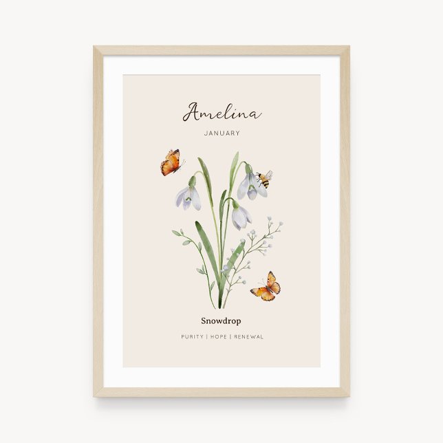 Schneeglöckchen-Geburtsmonats-Blumenposter Poster (Example of snowdrop birth flower poster once framed. )