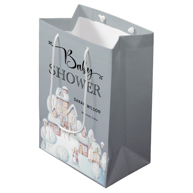 Schneehaus Babydusche Geschenktasche Mittlere Geschenktüte (Vorderseite Schrägansicht)