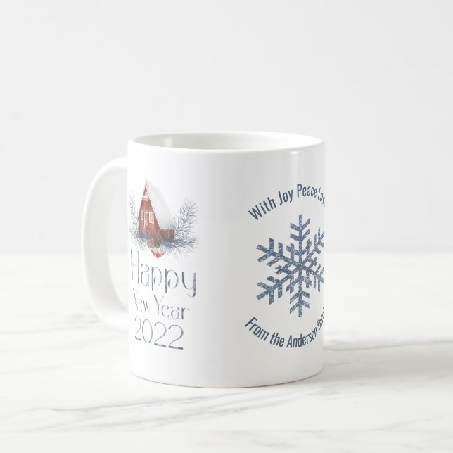 Schneehaus, glückliches neues Jahr 2022 Kaffeetasse (Vorderseite Links)